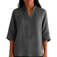 thumbnail image 3 of DDAPJ pyju Cotton Linen Tops for Women 2026 3/4 Sleeve Solid Color V Neck T Shirt Side Slit Casual Summer Blouses Gray S, 3 of 8