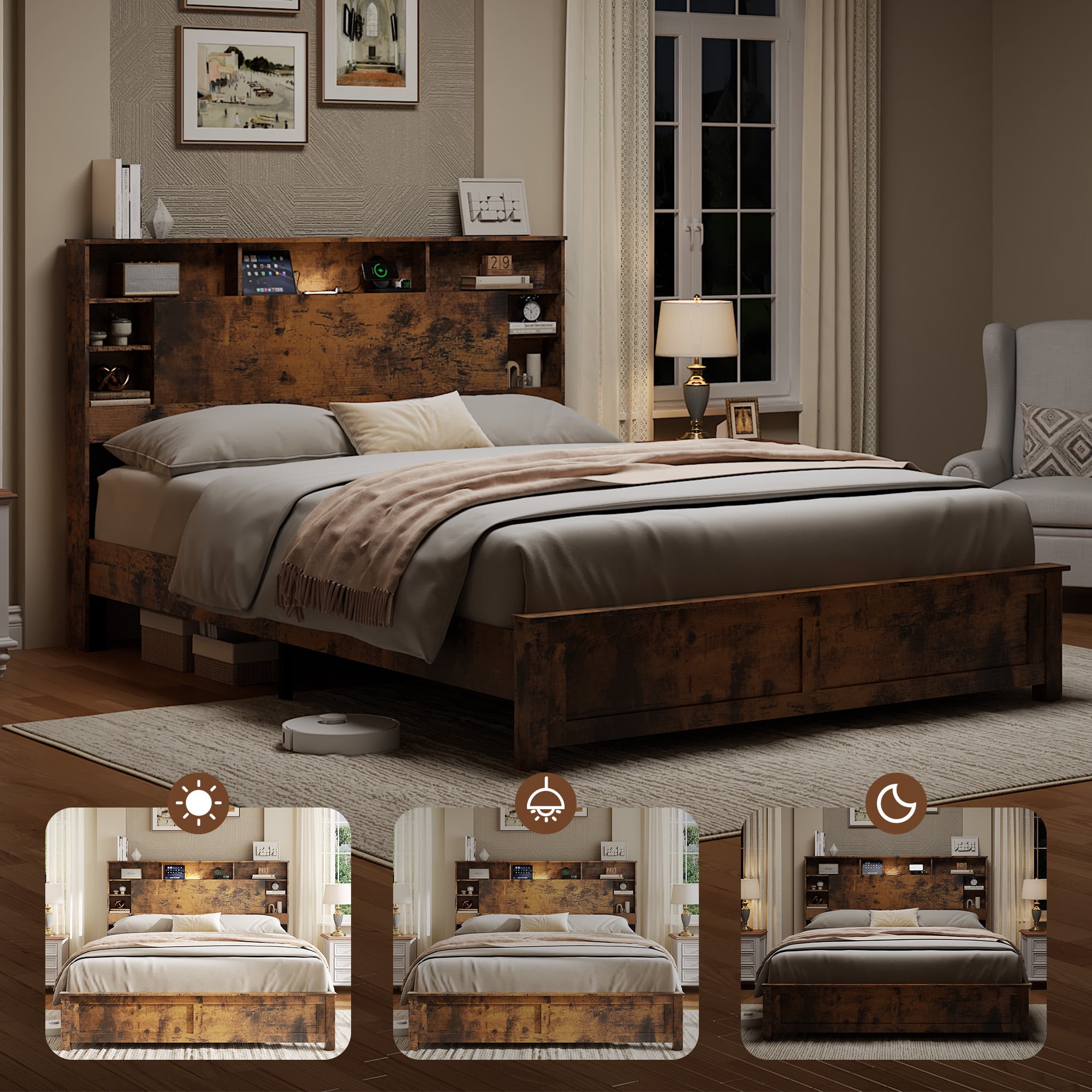 PORKISS Queen Size Bed Frame with Storage Headboard, Charging Station and LED Lights, Rustic Brown Wood Platform Bed Frame with Bookcase Headboard, USB & Type-C Ports, No Box Spring Needed