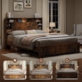 thumbnail image 4 of SESSLIFE Queen Bed Frame with Storage Headboard and Charging Station, Rustic Wood Platform Bed Frame with Bookcase Headboard, LED Light, Wood Slat Support, 800 lbs, No Box Spring Needed, Dark Brown, 4 of 7
