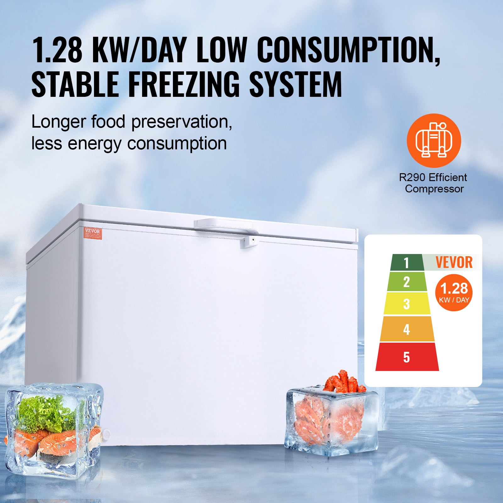 VEVOR Chest Freezer, 12.8 Cu.ft / 345 L Large Deep Freezer & 4 Removable Baskets,Freestanding Top Open Door Commercial Chest Freezers with Locking Lid, 7-Level Adjustable Temp,LED Lighting,6 Wheels