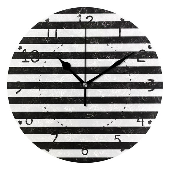 Black White Horizontal Narrow Stripes Round Wall Clock Silent Analog Battery Operated Black Pointer Home Decor 9.84" Diameter