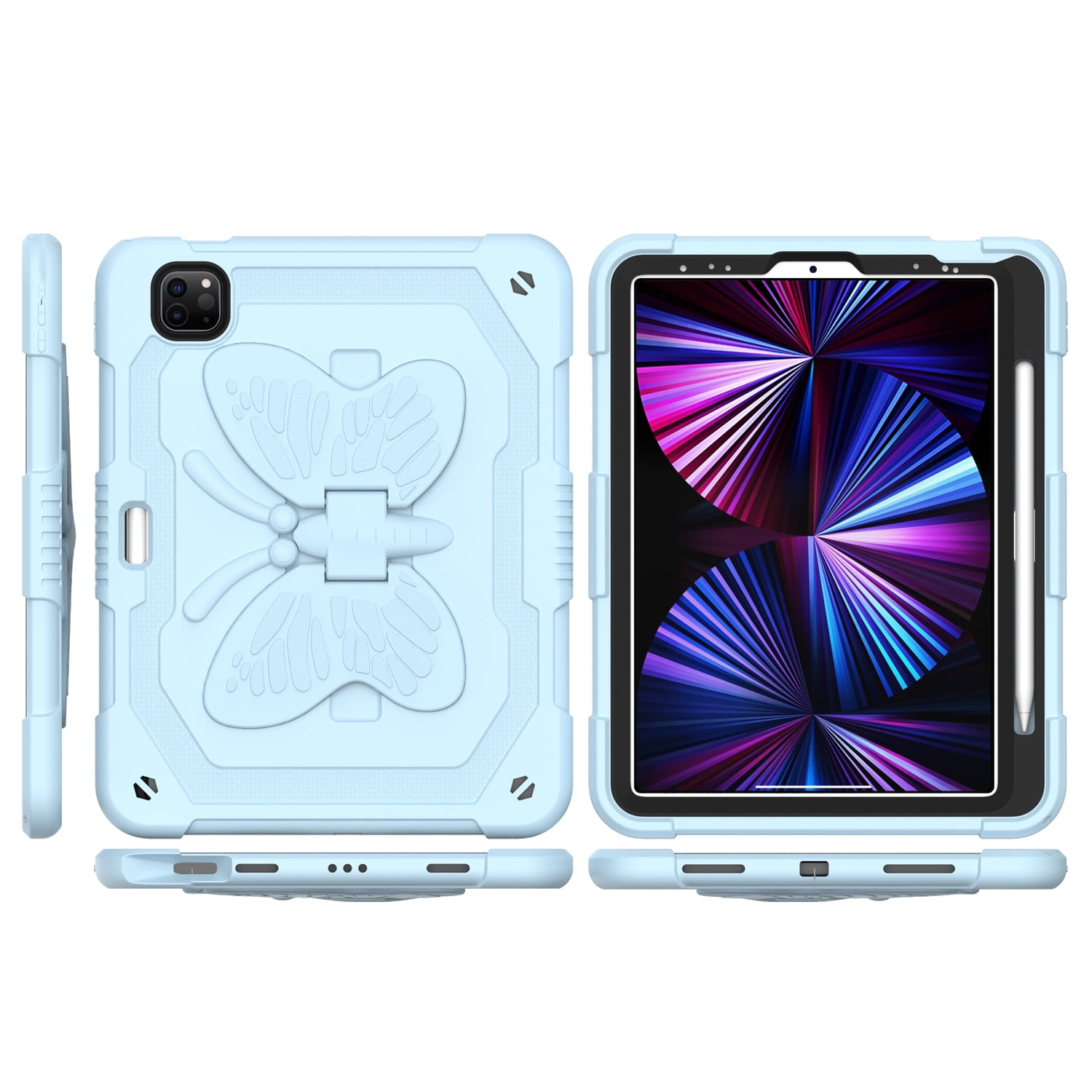 Case For Apple New iPad 9.7 inch Butterfly Wings Kickstand 3in1 Tough Hybrid with Pencil Holder Heavy Duty Rugged Shockproof Tablet Cover [ Light Blue ]
