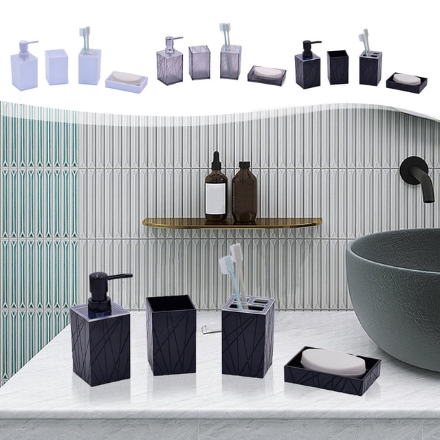 Xihbxyly Juego de Accesorios de Baño de 4 Piezas: Dispensador de Jabón, Portacepillos, Vaso, Pastilla de Jabón, Diseño Moderno y Elegante, Multiusos para Baño, Hotel, Hogar, Regalo de Inauguración, B