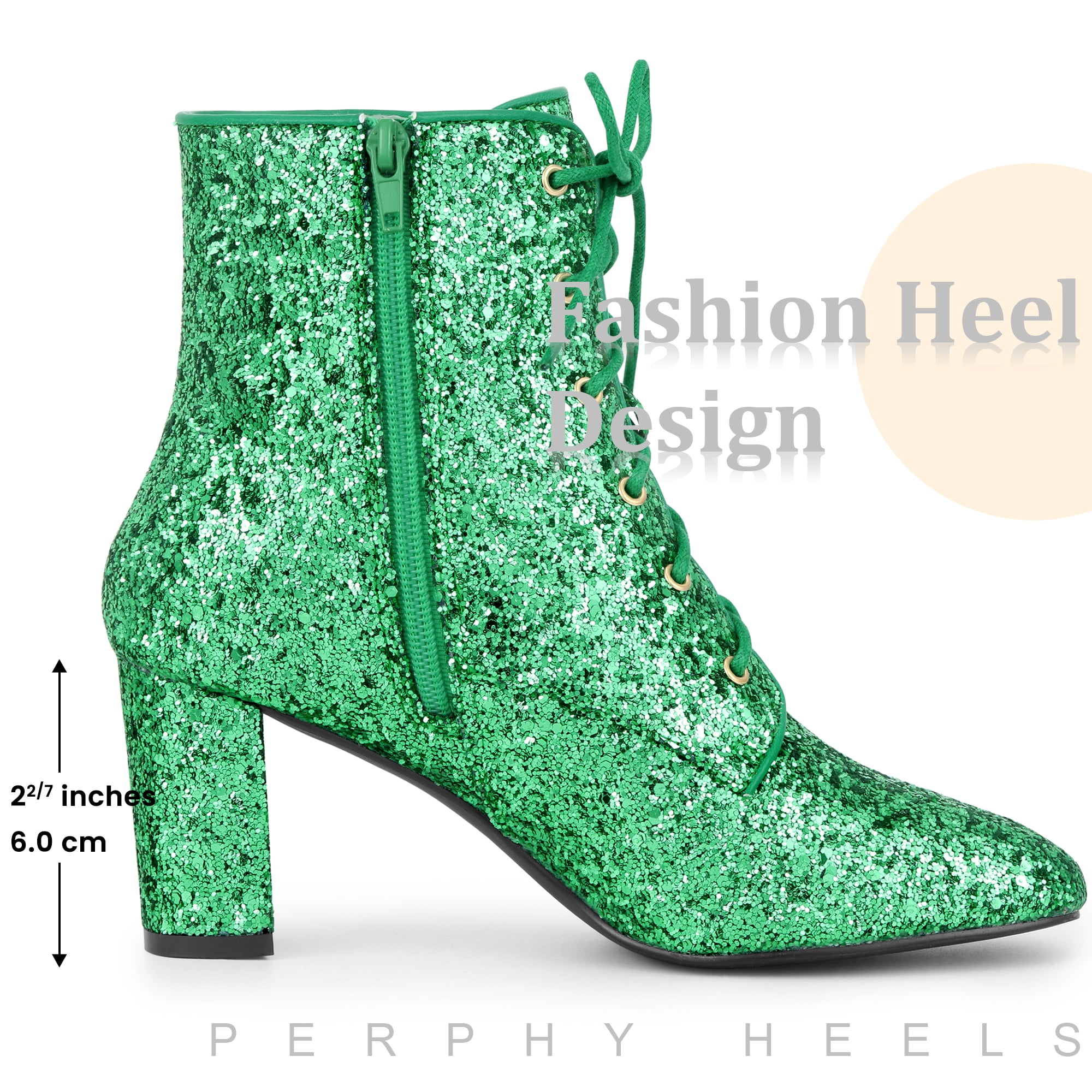 DARING DIVA Women's Square Toe Glitter Block Heels Ankle Boots Green 5.5