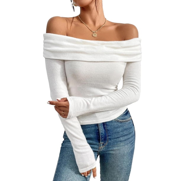 Blusa Mangas Largas Camiseta básica de manga larga para mujer, camisa informal para salir Kuymtek Blanco T M para Mujer