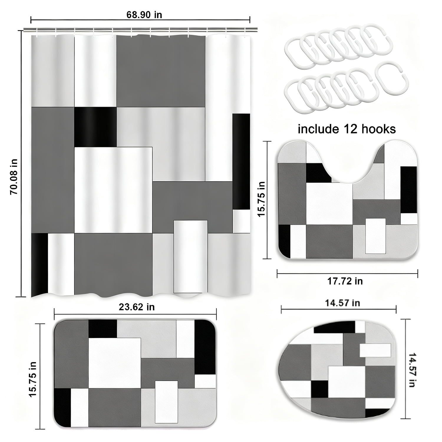 FRAMICS Gray Geometric Shower Curtain and Rug Sets, 16 Pc Black White Checkered Bathroom Sets, Modern Abstract Waterproof Fabric Shower Curtain Sets with 12 Hooks