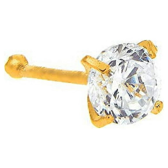 JewelStop 14K Solid Yellow Gold Nose Ring Bone CZ Prong Set - 0.5mm 24 Gauge 9mm Long