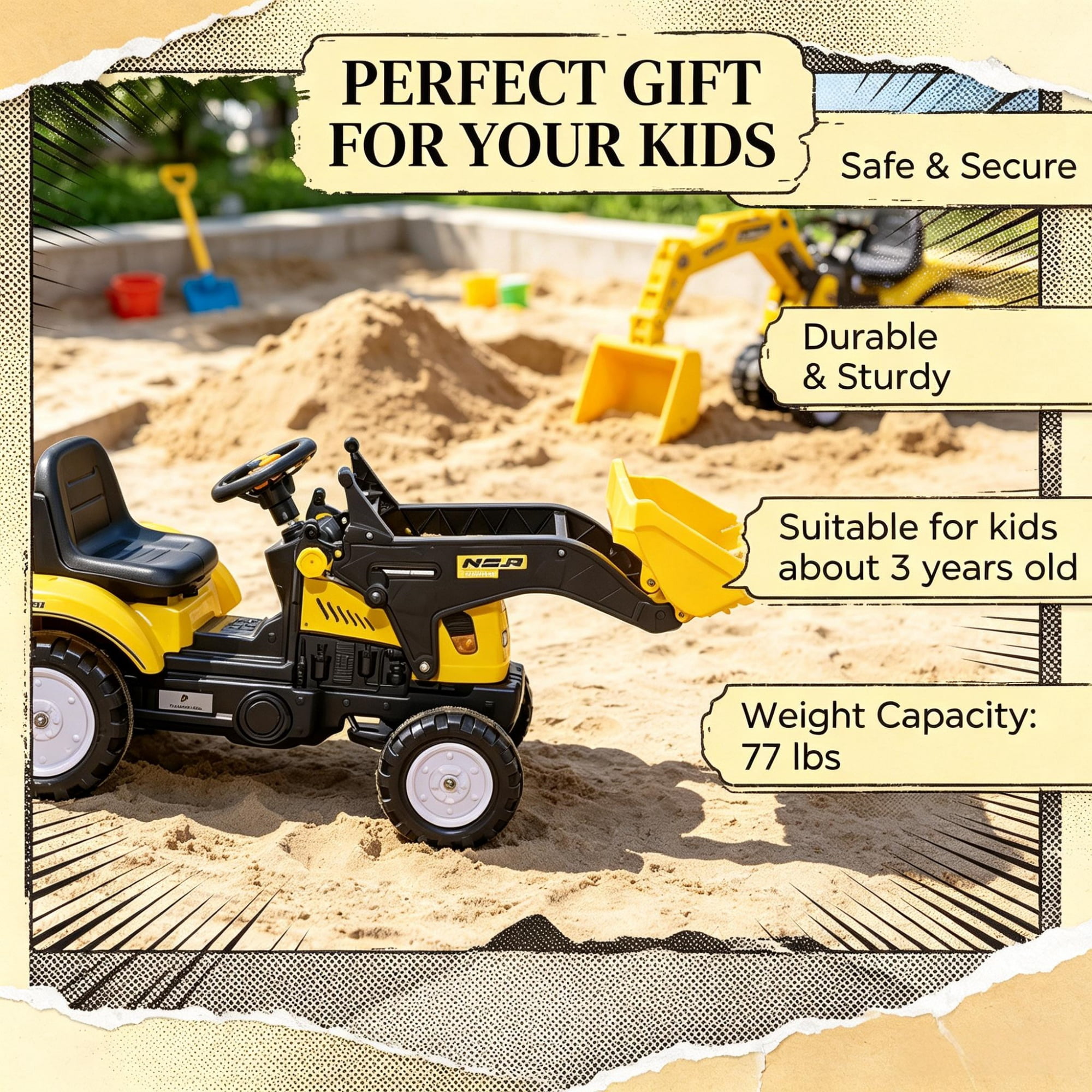 Kids Pedal-Powered Ride-On Excavator Go Kart: with Working Front Loader Digger, Outdoor Play Toy for 3 Year Olds, Yellow