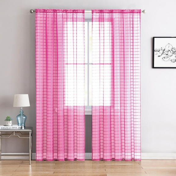 Single (1) Sheer Rod Pocket Window Curtain Panel: 55" W X 84" L, Plaid/Check Design (Pink)
