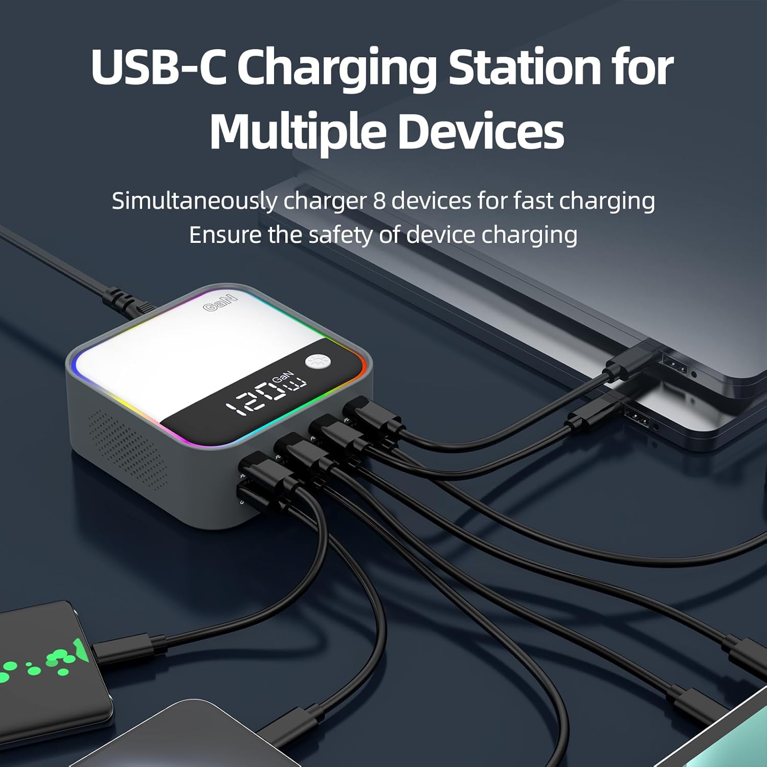 120W GaN USB C Charger Block, 8-Port USB Charging Station, Fast Charging Hub with Rainbow Gradient Light & LED Display, Desktop Charger Adapter for Phone, Tablet, Laptop, Headphones