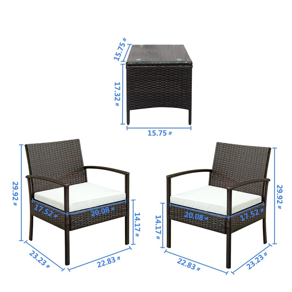3 Pieces Outdoor Patio Furniture Sets for 2, Rattan Chair Wicker Set with Two Single Sofa, Removable Cushions, Tempered Glass Table, Q8914 - image 5 of 12