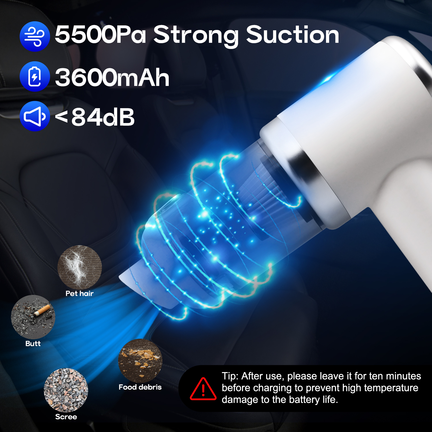 Dofulay Car Vacuum Cleaner Handheld Vacuum Cordless 5500Pa Strong Suction Clean for Home (White)