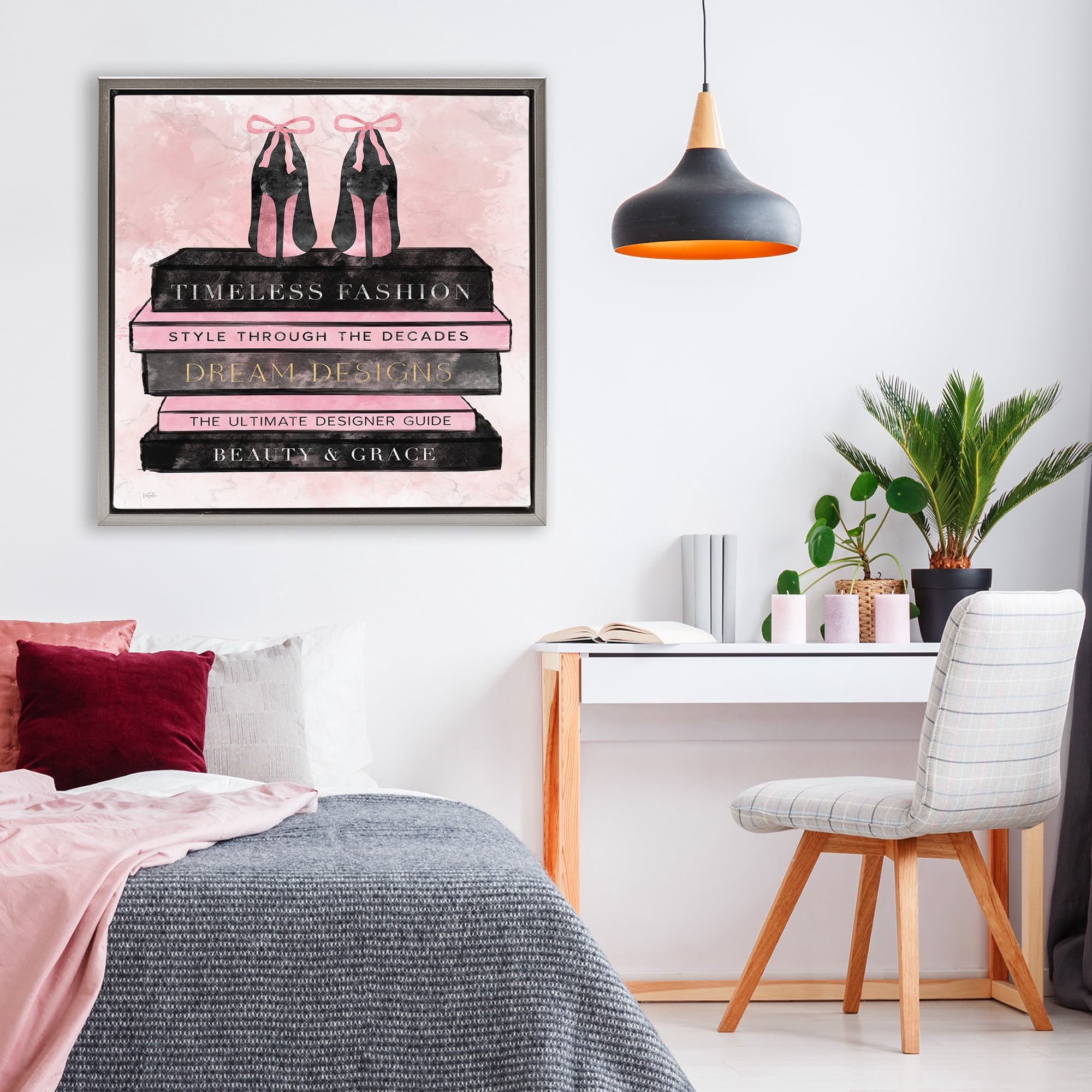Stupell Industries Blush Fashion Book Stack Gray Framed Floater Canvas Wall Art, design by Natalie Carpentieri