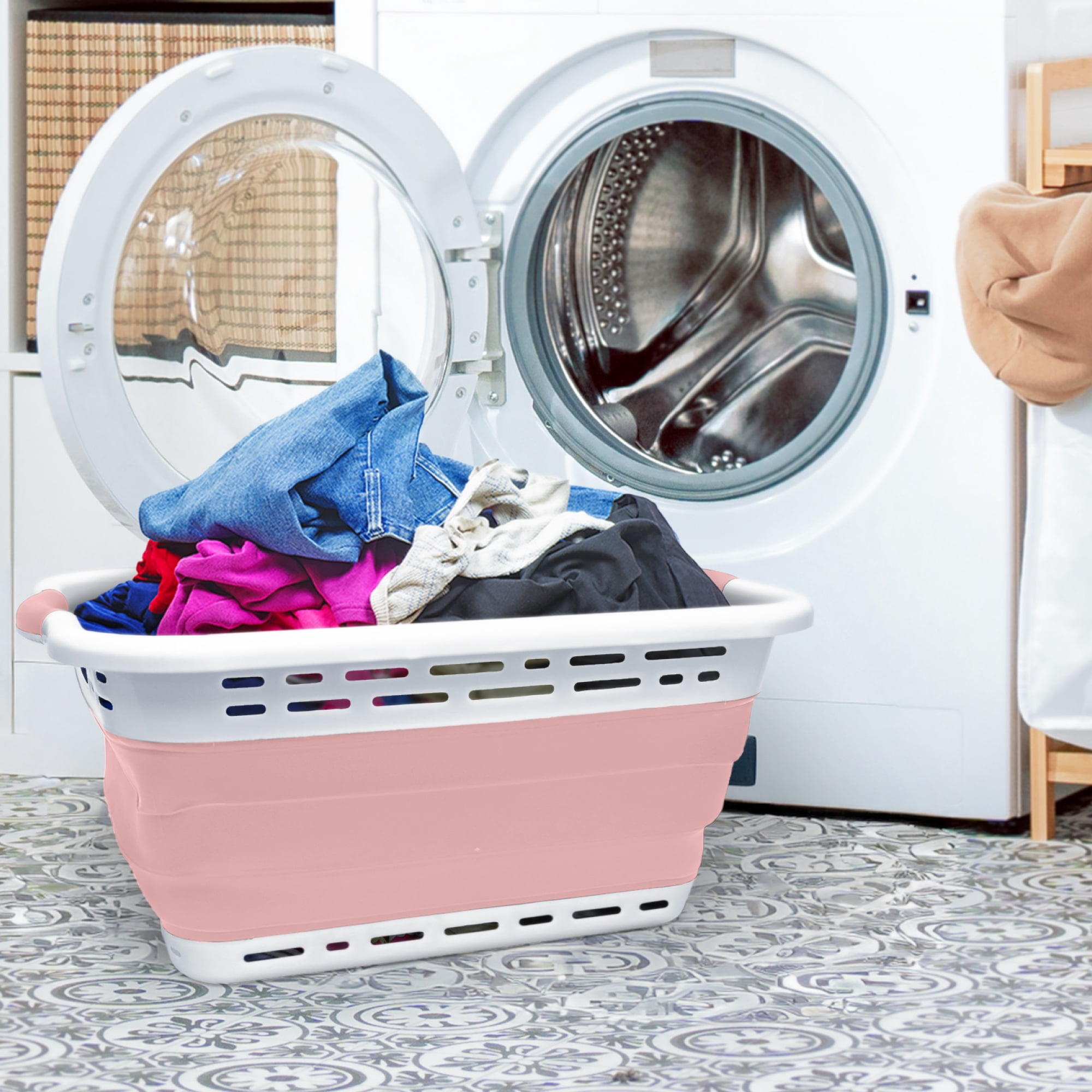 BLACK + DECKER Collapsible Laundry Basket with Handles, Space-Saving Design, Pink