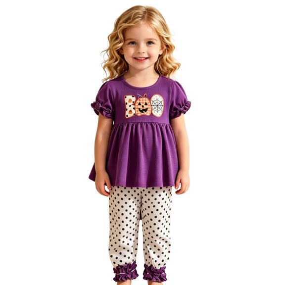 Bobifish Girls Outfit Sets Halloween Cartoon Print Short Sleeve Top Plaid Pants Sets Bow Detail Casual Daily Clothing Sets