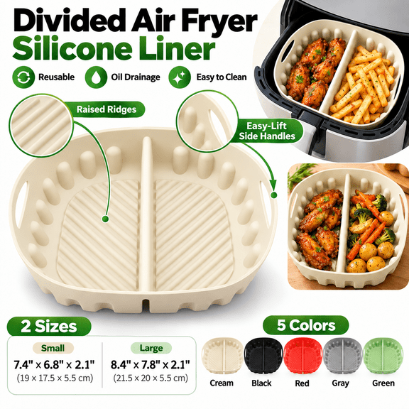 Reusable Divided Air Fryer Silicone Liner, Square Cooking Tray Insert, Raised Ridges for Grease Drainage, Built-In Side Handles for Easy Lifting, Akmoler