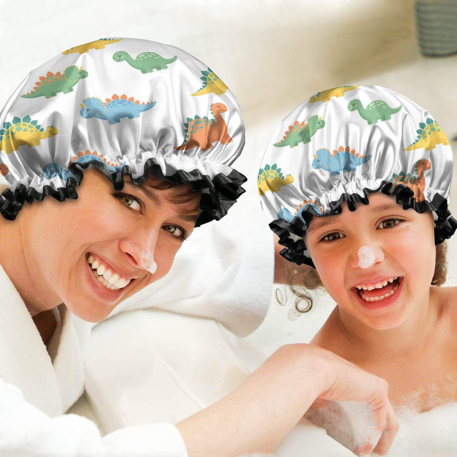 Shower Caps,White Cartoon Dinosaurs Pattern Waterproof Shower Cap for Women 4 Pieces,Double Reusable Hair Cover for Shower PEVA Elastic Stretch Hem
