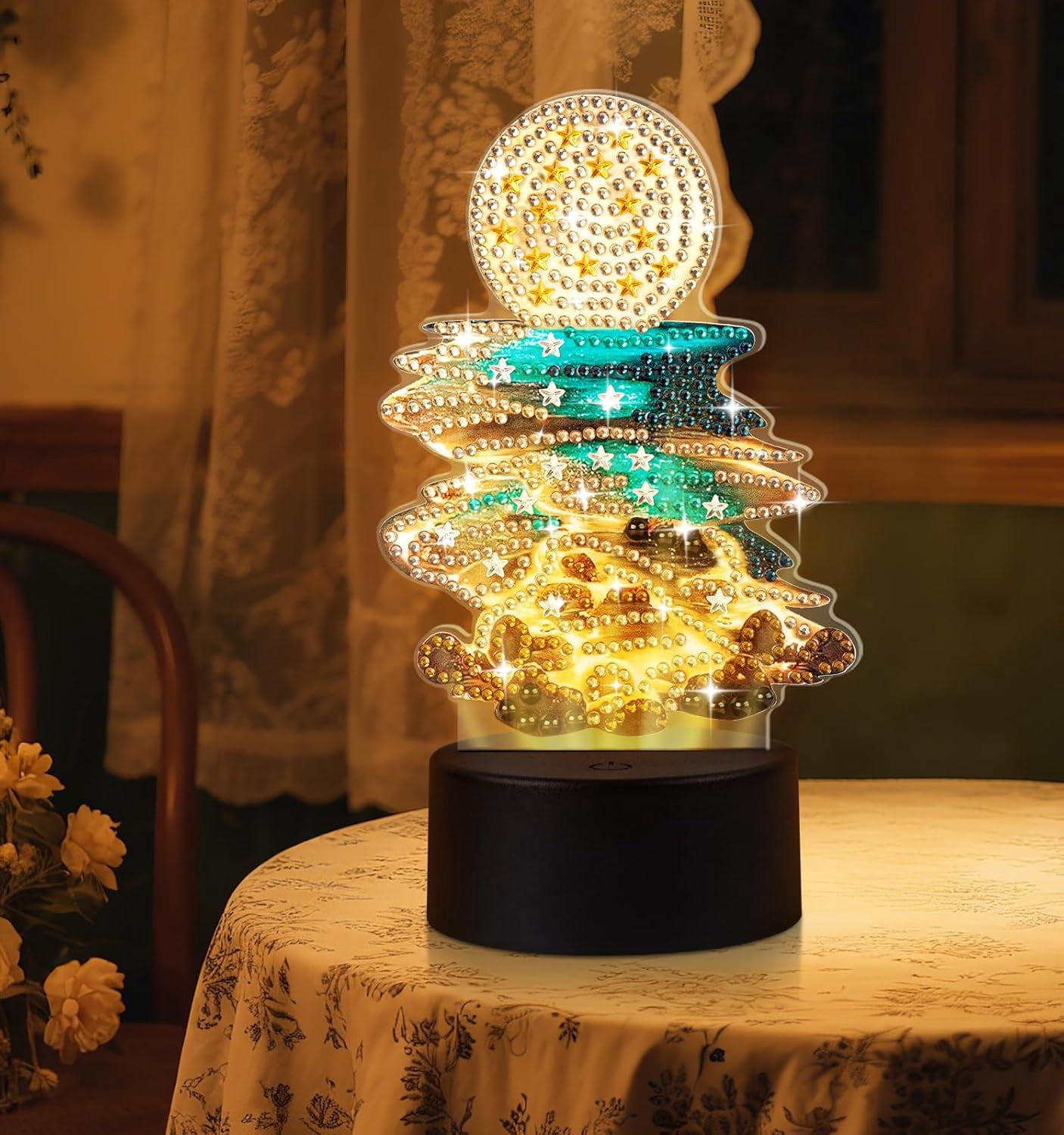Moonlight Beach Diamond Painting Night Light, Touch Lamp Desktop Ornament for Adults Beginners, Bedroom Living Room Decor