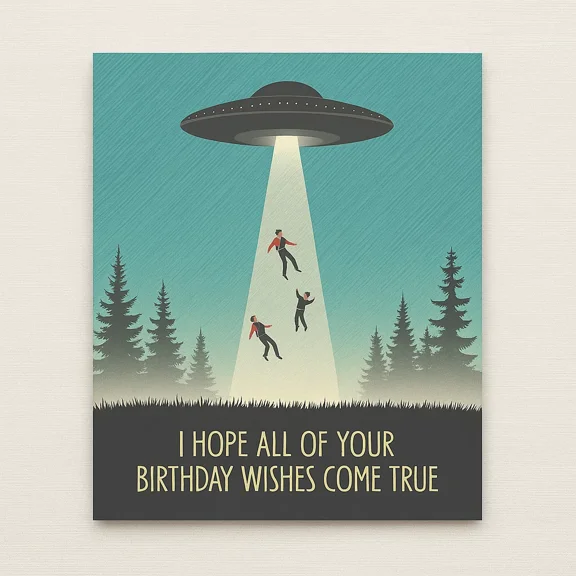 Whimsical UFO Birthday Card – "I Hope All Your Birthday Wishes Come True" – Unique Design with Envelope Included – Perfect for Fun Birthday Celebrations