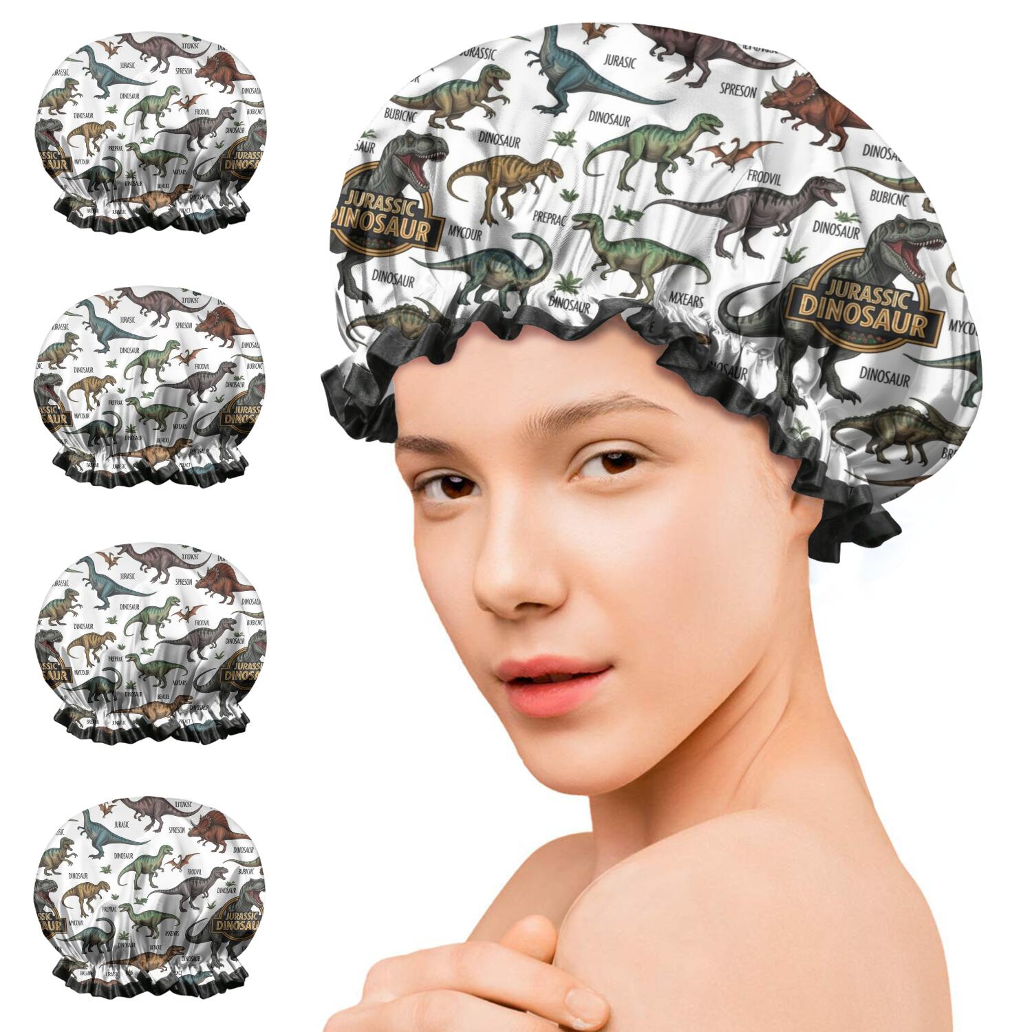Shower Caps,White Dinosaurs Label Pattern Waterproof Shower Cap for Women 4 Pieces,Double Reusable Hair Cover for Shower PEVA Elastic Stretch Hem