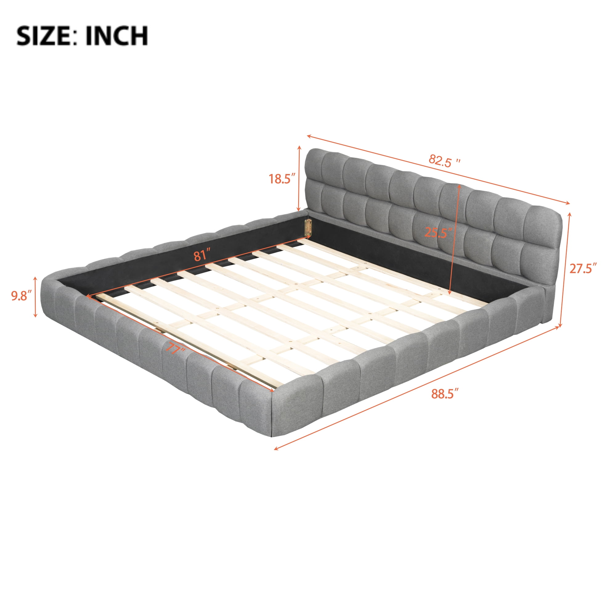 Aukfa King Size Upholstered Platform Bed, Modern Grounded Bed Frame with Thick Linen Fabric Headboard & Footboard, Gray