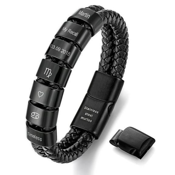 Personalized Bracelet for Men, Custom Engraved Leather Wristband with Adjustable Stainless Steel Clasp, Name Date Family Jewelry Gift