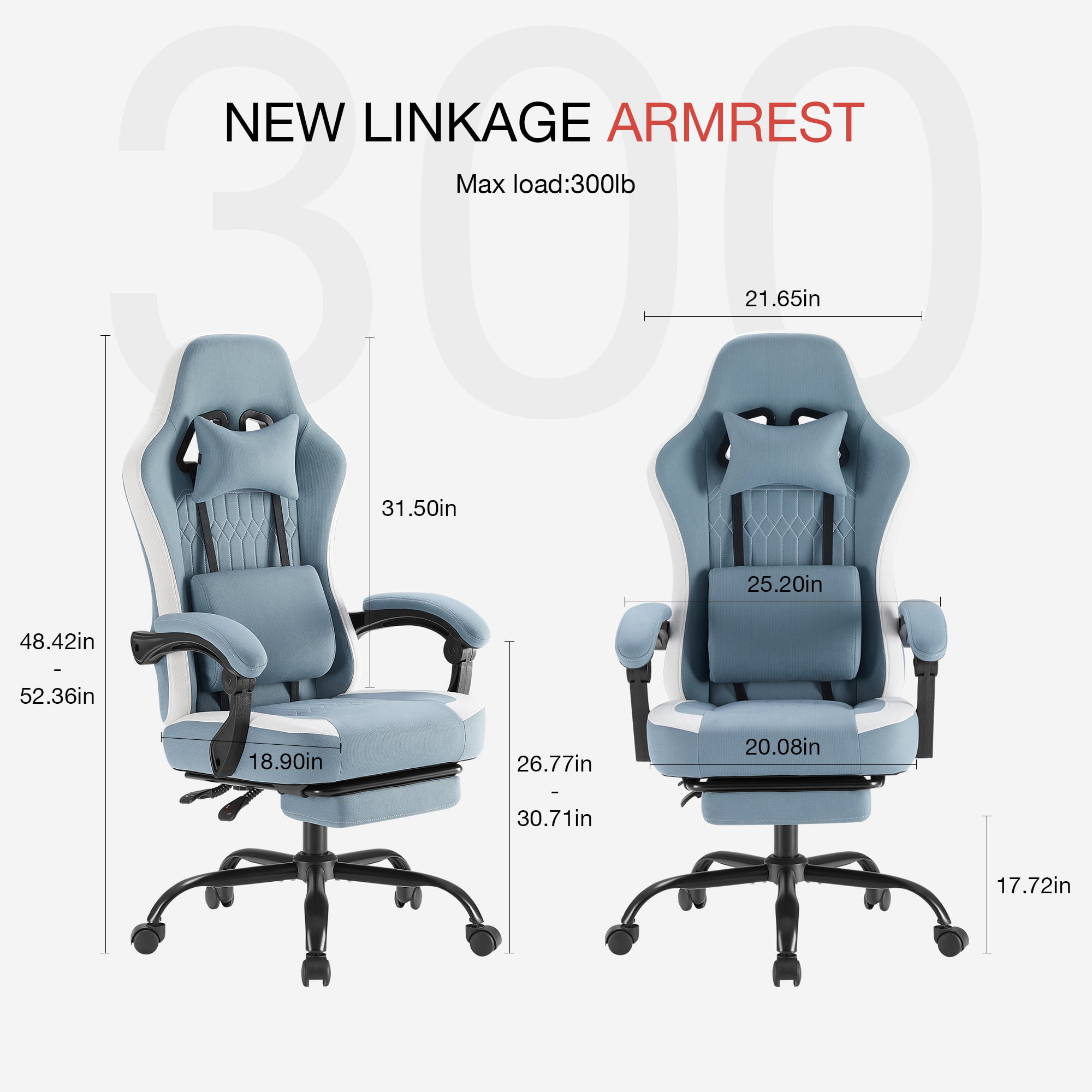 MCQ Computer Gaming Task Chair, High Back Ergonomic with Linkage Armrests, Footrest and Lumbar Support, 360° Swivel Wheels, Blue
