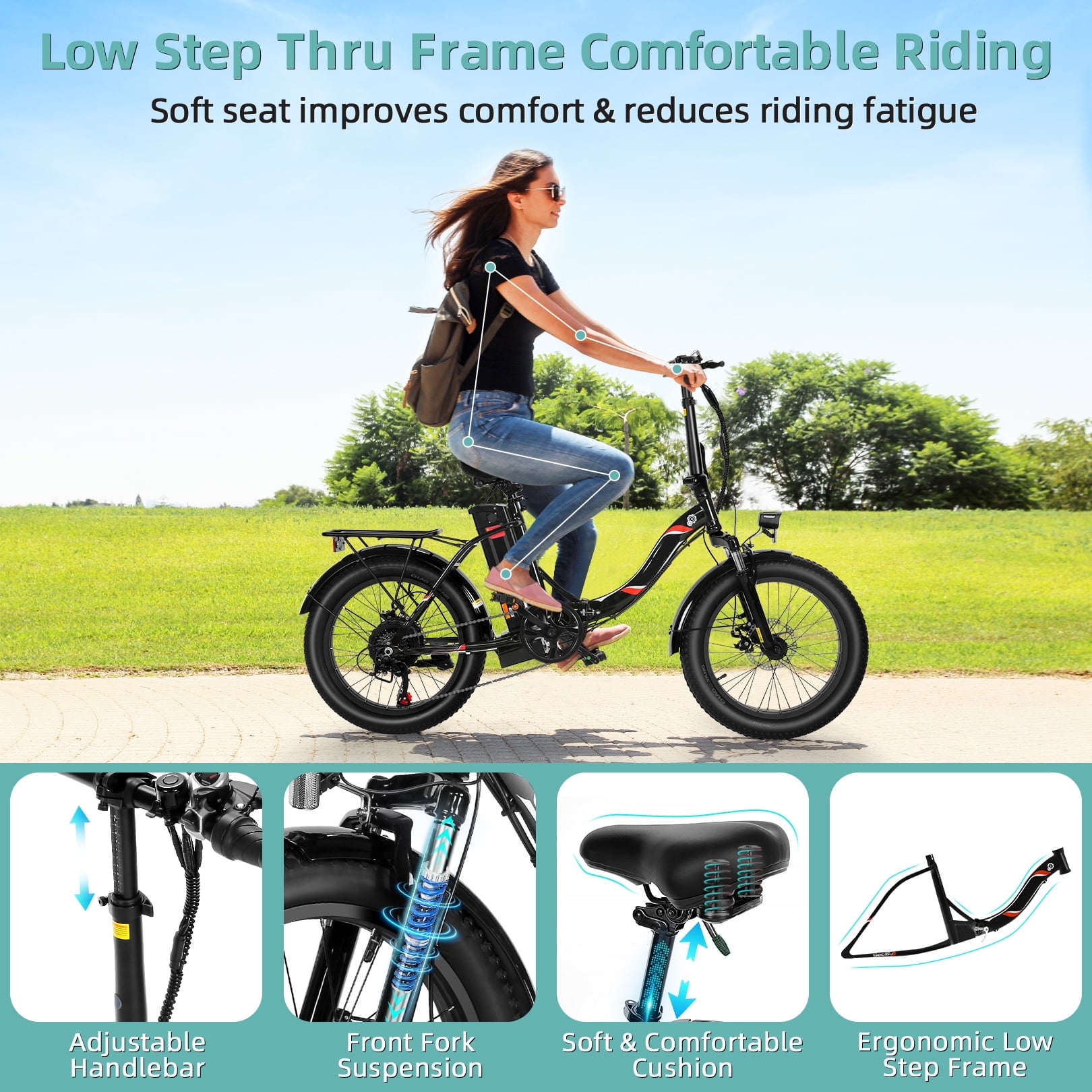 Elifine 500W Foldable Electric Bike, 20" x 3.0" Fat Tire Electric Bicycle Max. 19.8mph Commuter Ebike, 48V 10.4Ah Removable Battery UL 2849 with 5 Riding Modes Electric Bike for Men Women Senior
