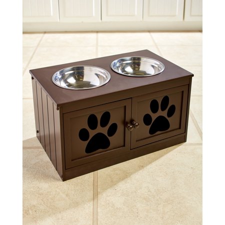 Pet Feeding Cabinet With 2 Elevated Bowls And Storage Beneath