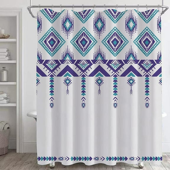 Aztec Shower Curtain,Southwestern Bathroom Shower Curtains Sets with 12 Hooks,Blue and Teal Boho Tribal Geometry Bath Curtain 72x72in,Waterproof Fabric
