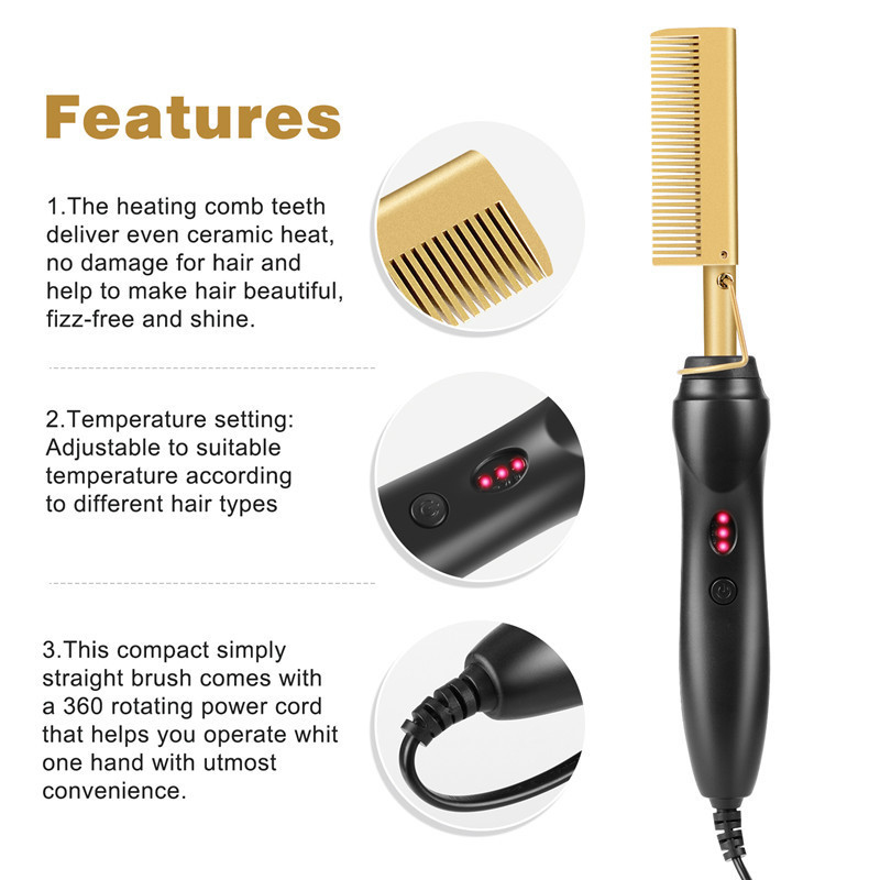 Electric Heating Comb Curling Iron Heated Brush Multifunctional Copper Color Electric Heating Comb Curling Iron Heated Brush Multifunctional Copper Color Straightener Brush Hair Useful  EU Plug - image 4 of 8