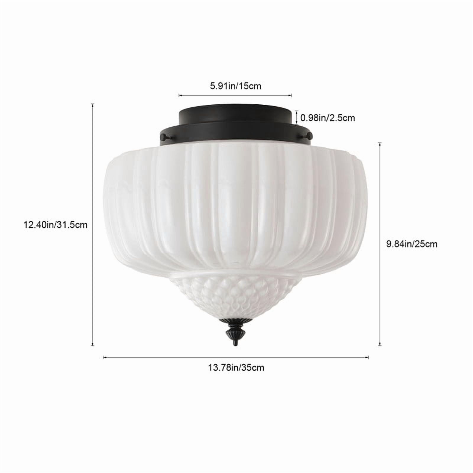 Modern Black Semi Flush Mount Ceiling Light – 13.78" Iron Frame with Ribbed White Glass Shade, E12 Base Fixture for Bedroom, Entryway & Farmhouse