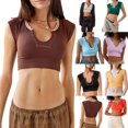 thumbnail image 3 of Women Short Sleeve T-Shirt V Neck Ribbed Knit Crop Top Contrast Color Slim Fitted Casual Basic Tee Top, 3 of 6
