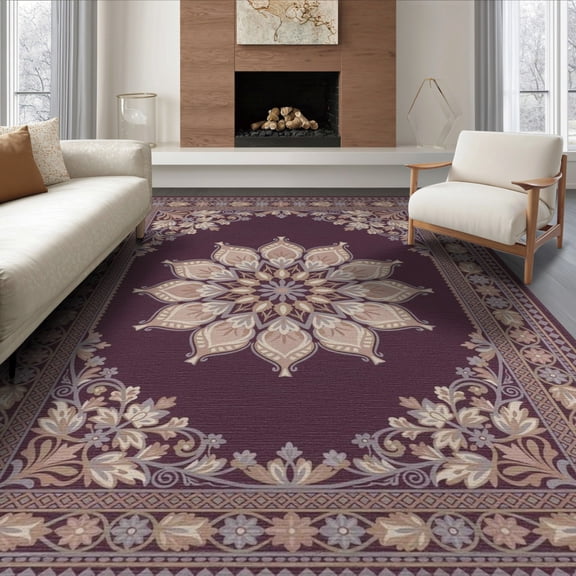 ODIKA 8'x10' Washable Area Rug Boho Abstract Symmetrical Bordered Center Watercolor Ombre Purple Flowing for Living Room, Under Sectional, Family , Durable, Non-Slip
