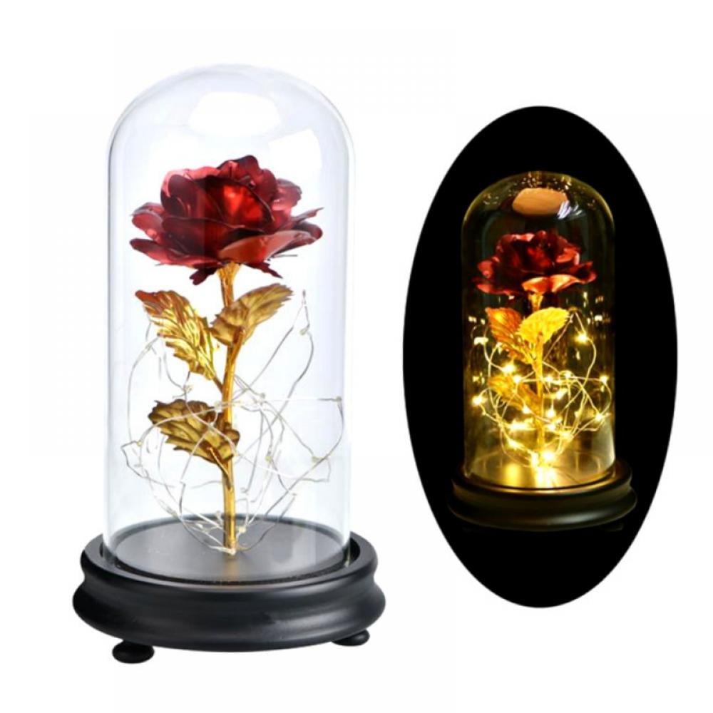 24K Gold Rose Plating LED Light Up Rose in a Dome Glass Valentines Day Gifts US 