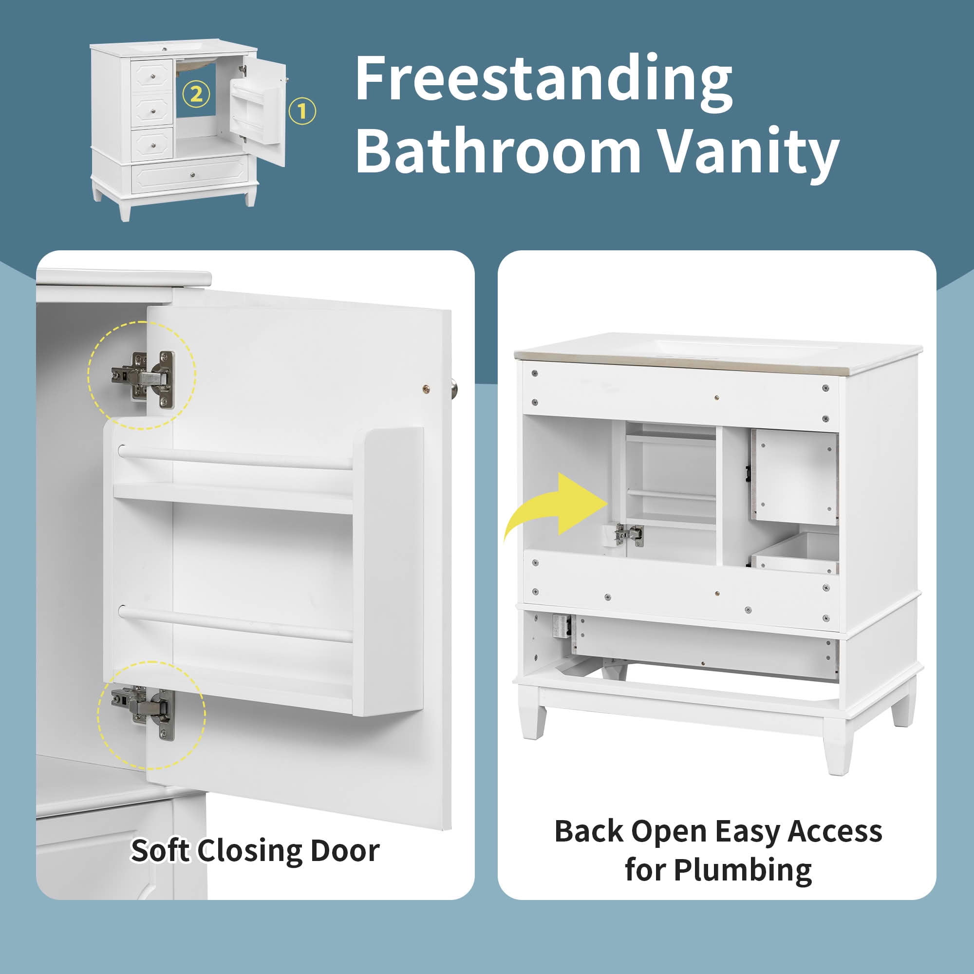 MAYEERTY 30" Bathroom Vanity with Sink, Freestanding Cabinet Ceramic Basin Solid Wood Frame Soft-Close Door 3 Drawers Painted MDF Rubber Wood, Storage Shelves Included, White