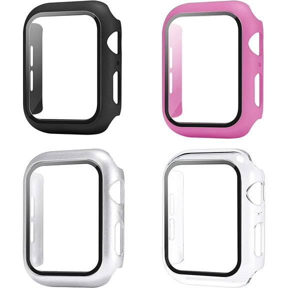 4 Pack Case with Tempered Glass Screen Protector Compatible with iWatch 44mm Series 6 5 4 SE, Hard PC Bumper Case Protective Cover Frame for Watch 44mm (Black/Rose Pink/Silver/Clear)