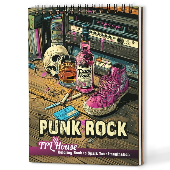 TPLHOUSE Punk Rock Coloring Book Spiral Bound for Adults, A5 Wooden Cover, 30 Rebel Coloring Pages of Rock N Roll Style for Stress Relief and Relaxation