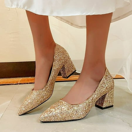 

Follure Fashion Women s Large Size Crystal Sequins Pointed Toe High Heels Chunky Heel Party Shoes