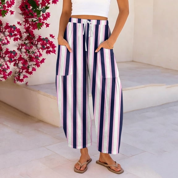 VV AVEORS Women'S Linen Wide Leg Pants Summer Fall Casual Loose Beach Vacation Baggy Palazzo Barrel Pant With Pockets Navy 3XL