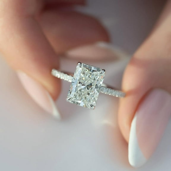 Veda Jewel 1.5 Ct Radiant Cut Lab Created Diamond Engagement Ring - Halo Design in 14K White Gold Plated - Anniversary Cluster Diamond Shank Ring - Timeless Symbol of Love for Women