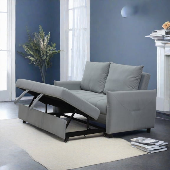Modern Velvet 3-Seater Sleeper Sofa with Side Storage & Adjustable Backrest, Light Blue