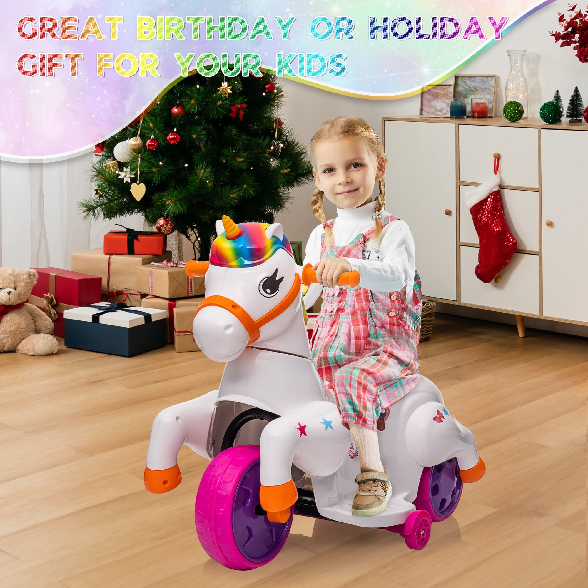 Jaxpety 6V Kids Ride on Unicorn, Rocking Horse Pony Toy Electric Car for Boys Girls w/ Music, Training Wheels, Colorful