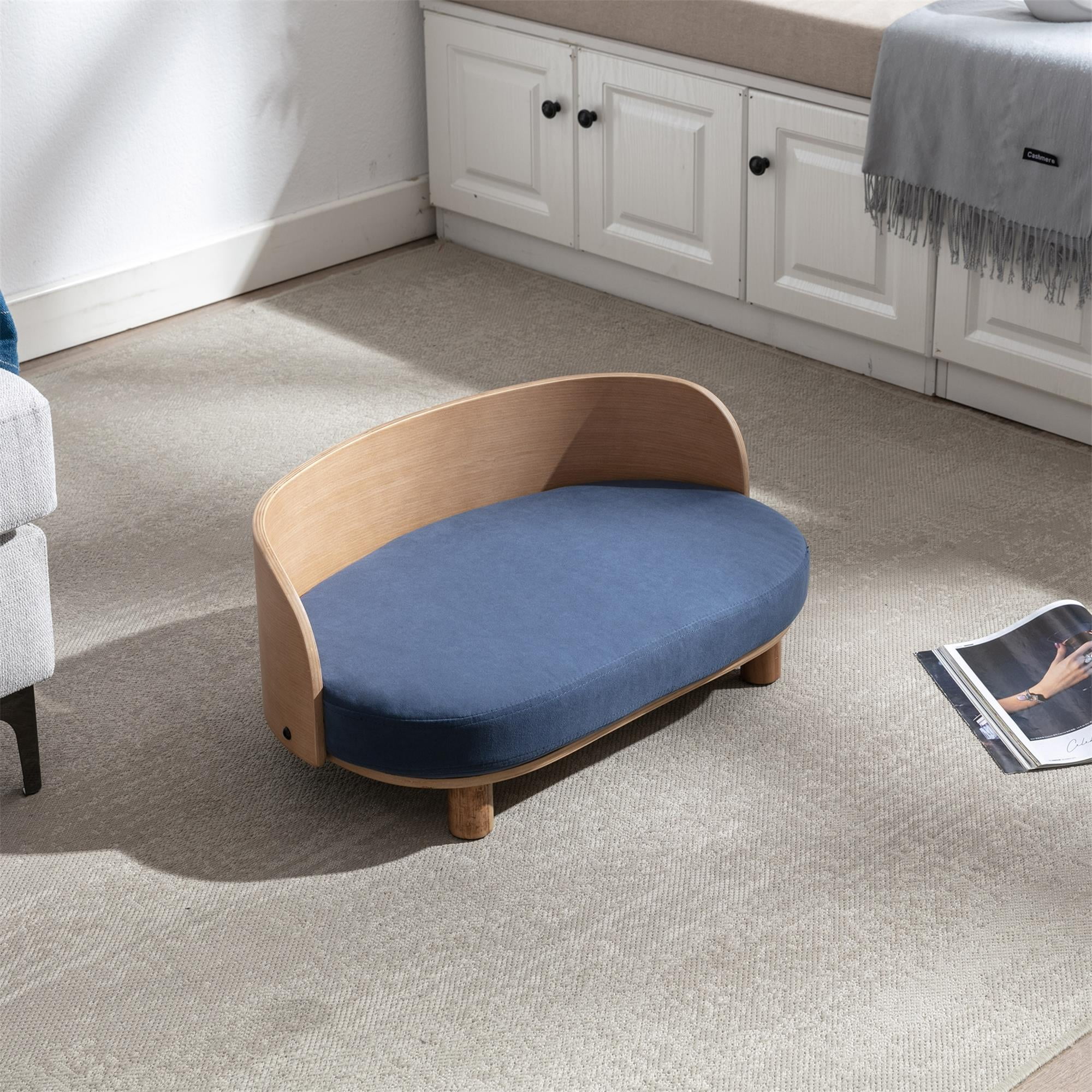 Pefilos 26" Modern Pet Sofa Dog Bed With Solid Wood legs and Bent Wood Back, Velvet Cushion, Walnut, Blue Pefilos 26" Modern Pet Sofa Dog Bed With Solid Wood legs and Bent Wood Back, Velvet Cushion, Walnut, Blue