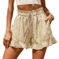 thumbnail image 2 of Women's Casual Shorts Elastic High Waist Ruffle Hem Floral Print Comfy Summer Beach Short Lounge Pants with Pockets, 2 of 7