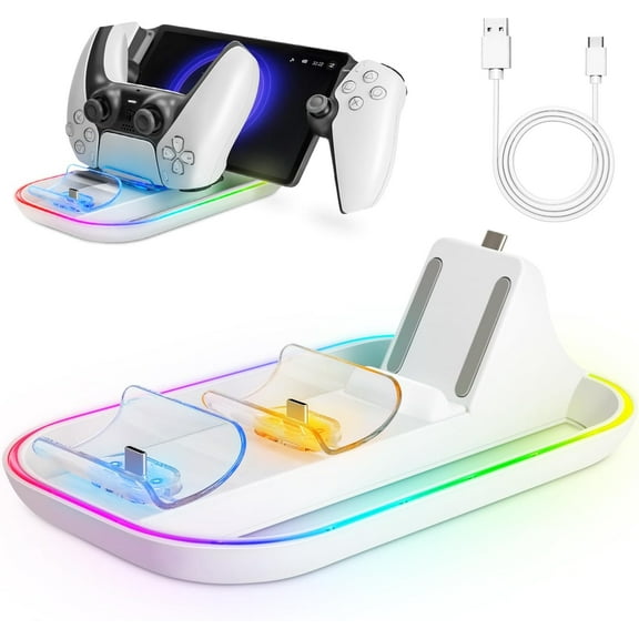 Charging Dock Station for PS Portal and PS5 Controller, 3 in 1 Charger Stand with 14 RGB Light and USB-C Charging Cable, Portable Charging Base Compatible with Playstation Portal Remote Player