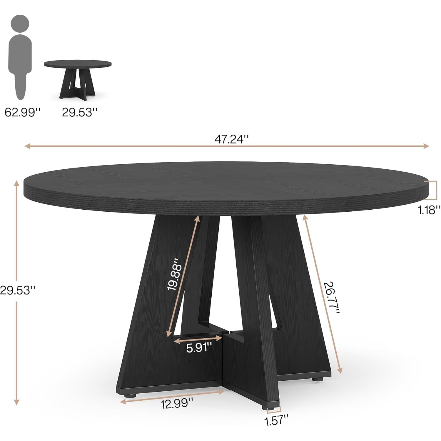Round Dining Table 47 in, Seats 4-6, MDF Top, Pedestal Base