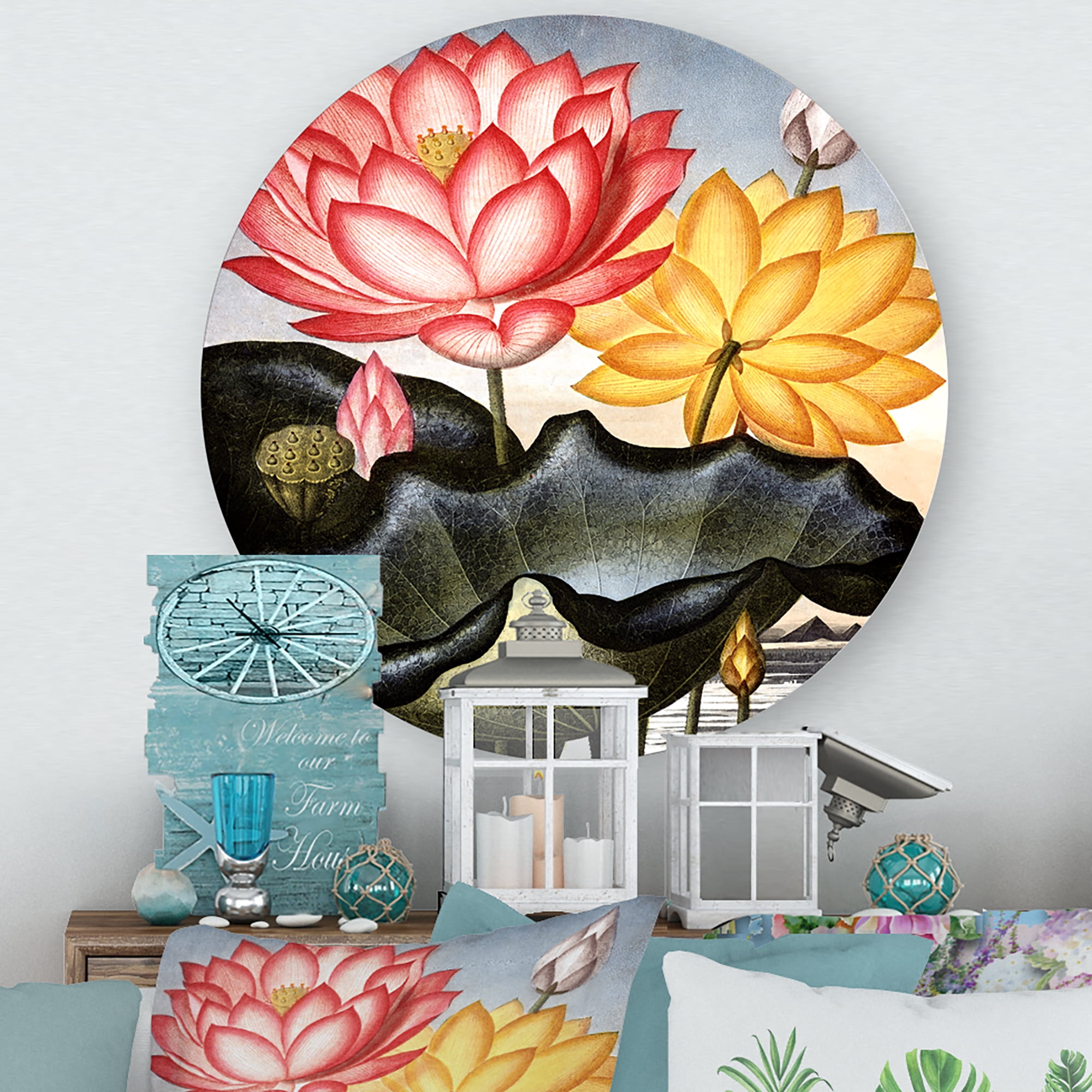 Designart 'Ancient Flowers II' Traditional Circle Metal Wall Art 11x11 - Disc of 11