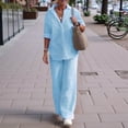 thumbnail image 2 of Womens Two Piece Set Long Sleeve Shirt Wide Leg Pants Casual Solid Color Spring Fall Outfit Light Blue XXL, 2 of 3
