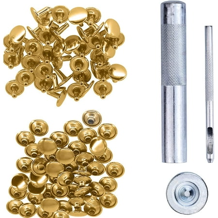 

Trimming Shop 100 Set Double Cap Tubular Rivets with Fixing Tool Kit Leather Rivets with 3 Pieces Hand Tool Set for Repair Clothing Handbag Lathercrafts Gold 7mm